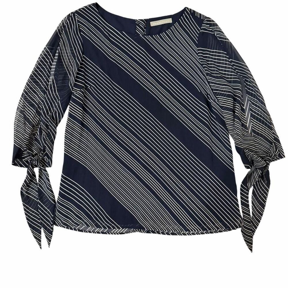Daniel Rainn white & navy diagonal striped blouse with tie sleeves